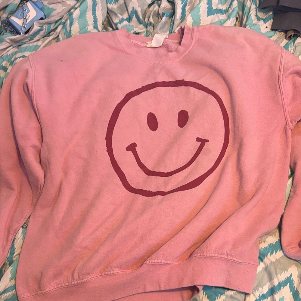 Altar'd State Pink Smiley Face Crew Neck Sweater
